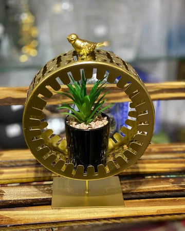 Luxury Golden Decorative Planter with Artificial Plant & Bird Accent