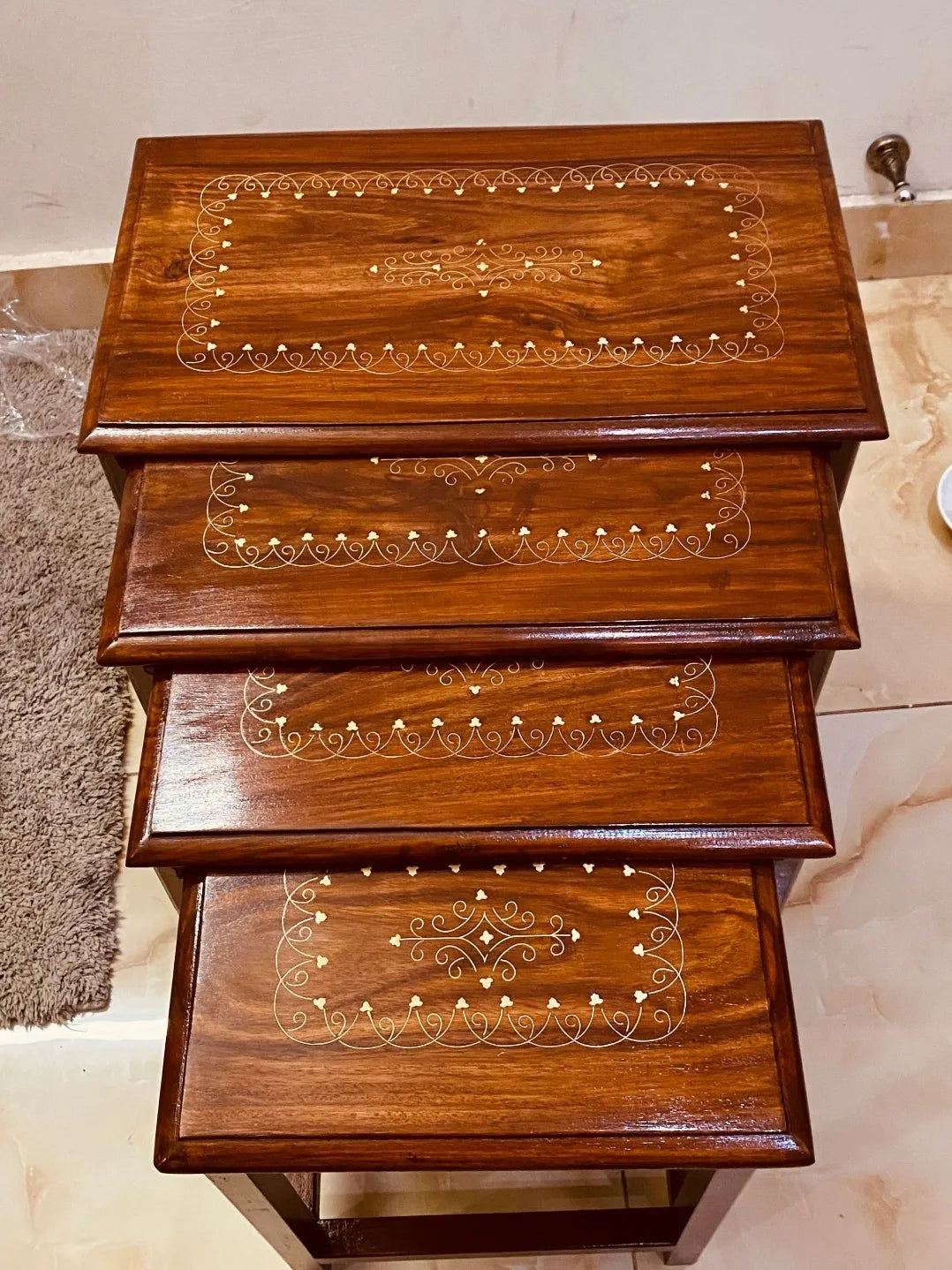 Chinyoti Solid Sheesham Wood Carving Nesting Tables Set of 4