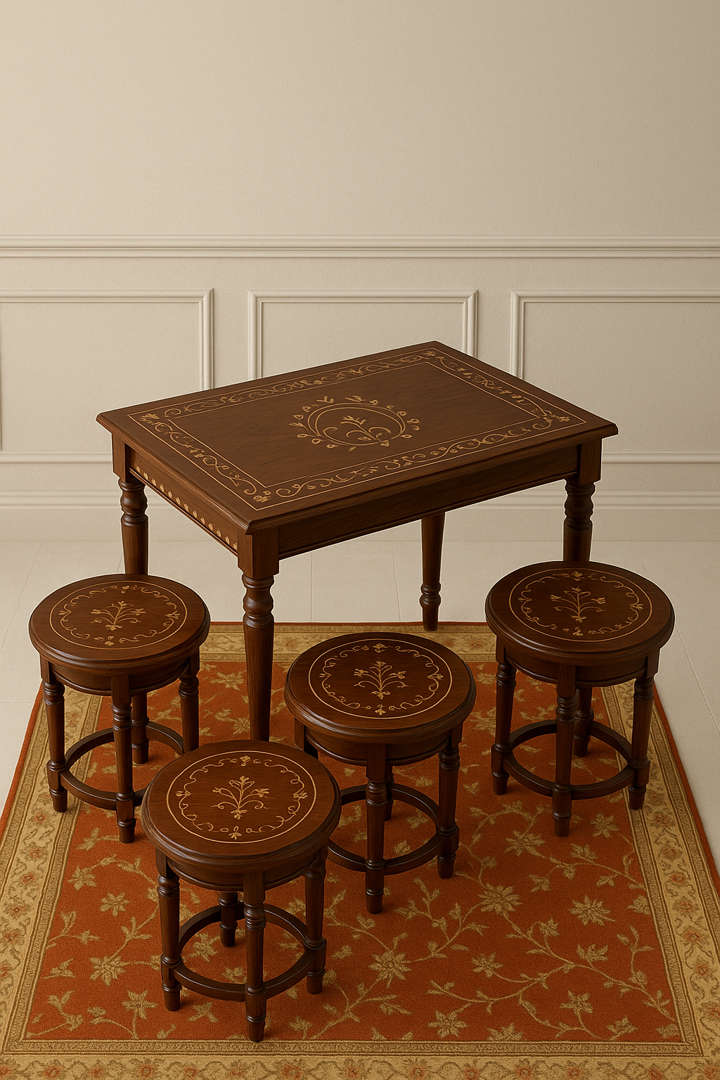 Solid Sheesham Wood  Center Tables Set (1 Main+ 4 Stools