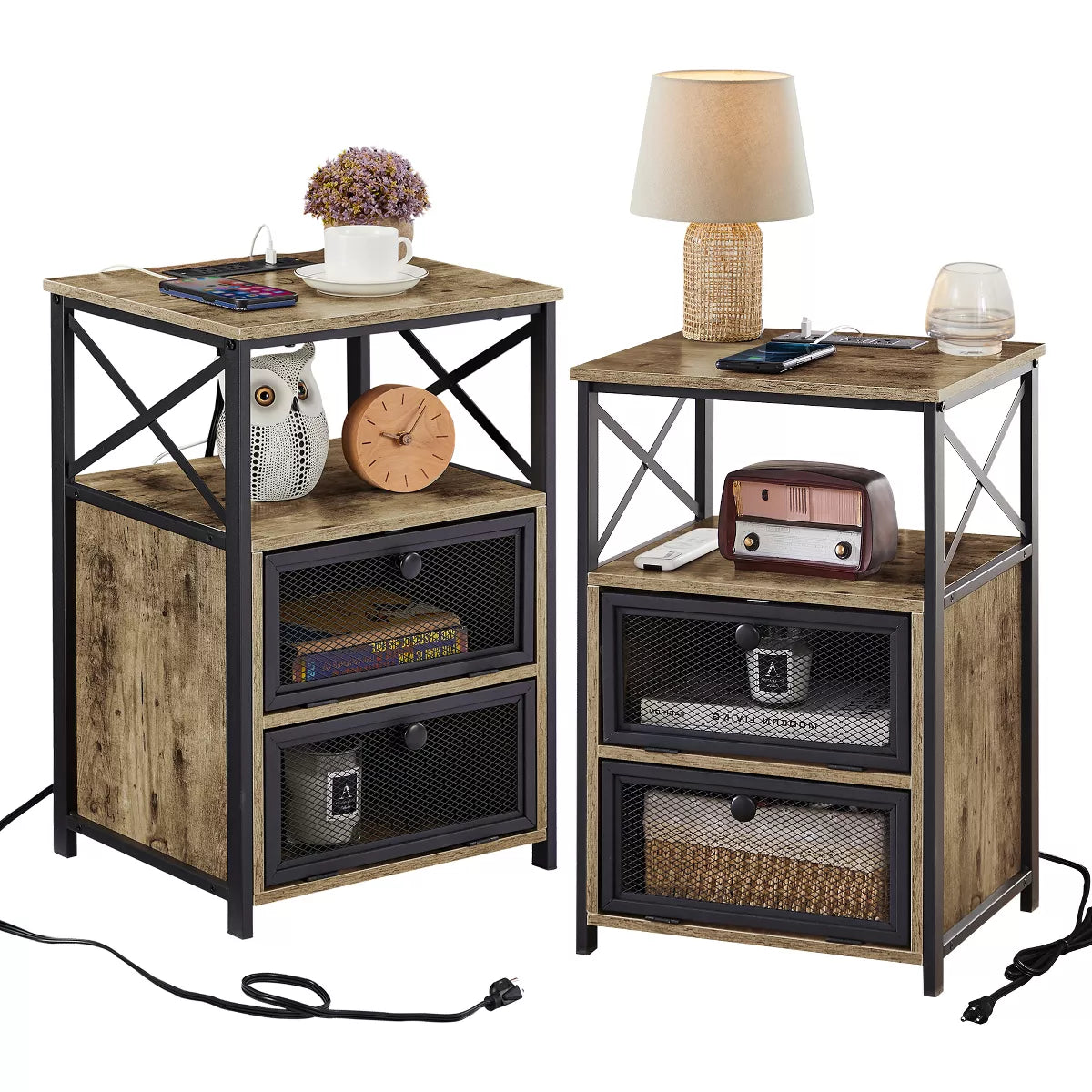 Rustic Side Table with Mesh Drawers.