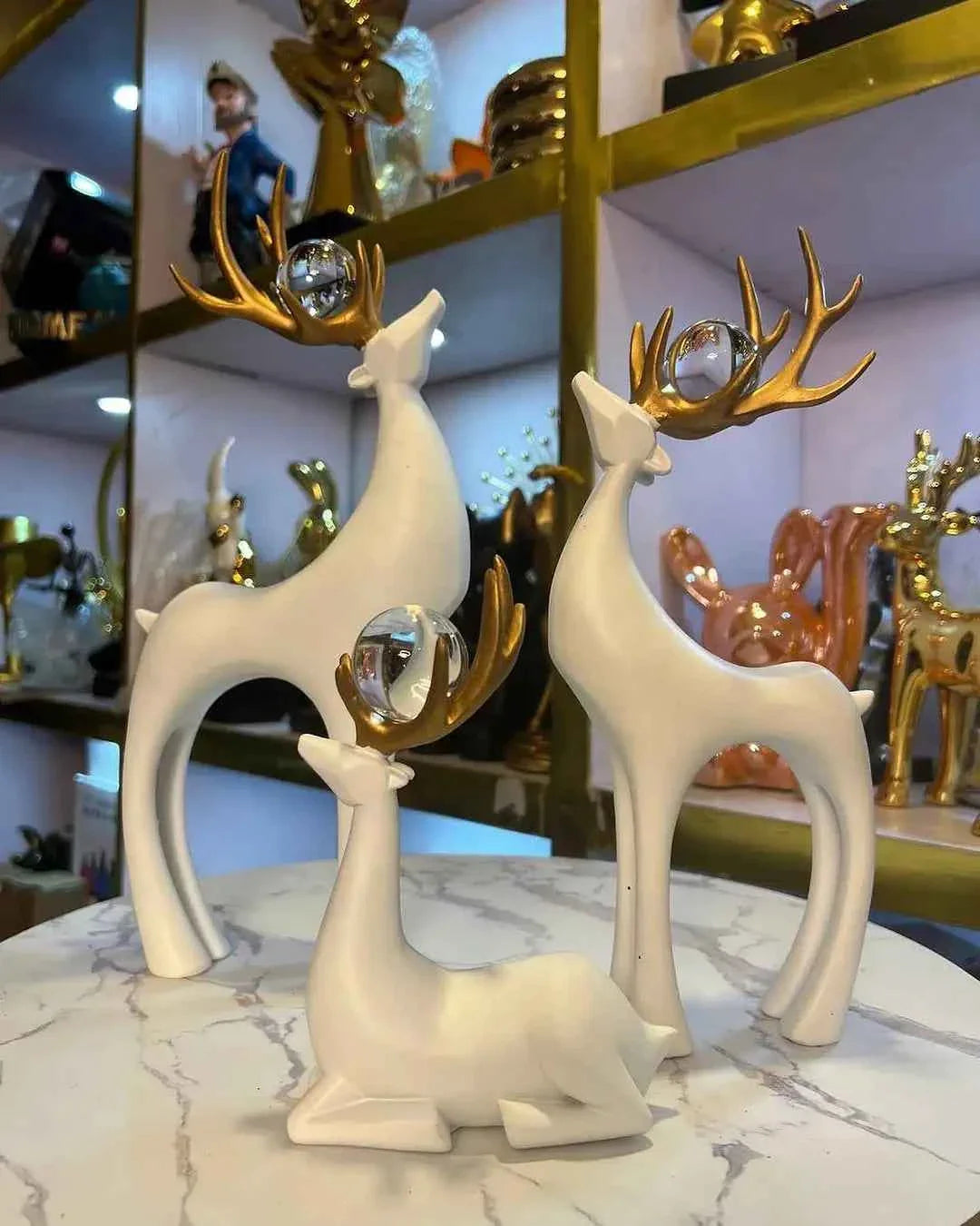 DEER DECOR STATUE 3PCS SET WITH SHINING CRYSTAL BALLS - Furniko.pk