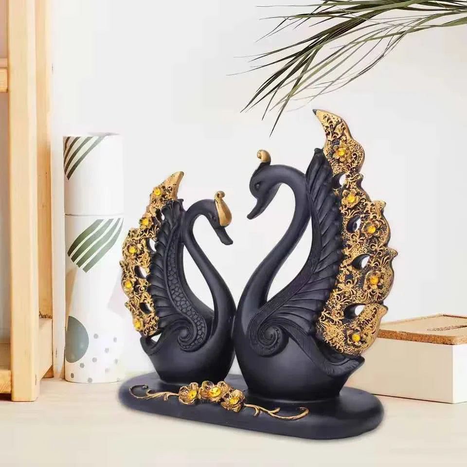 Black and Gold Swan Statue - Elegant Couple Decorative Sculpture
