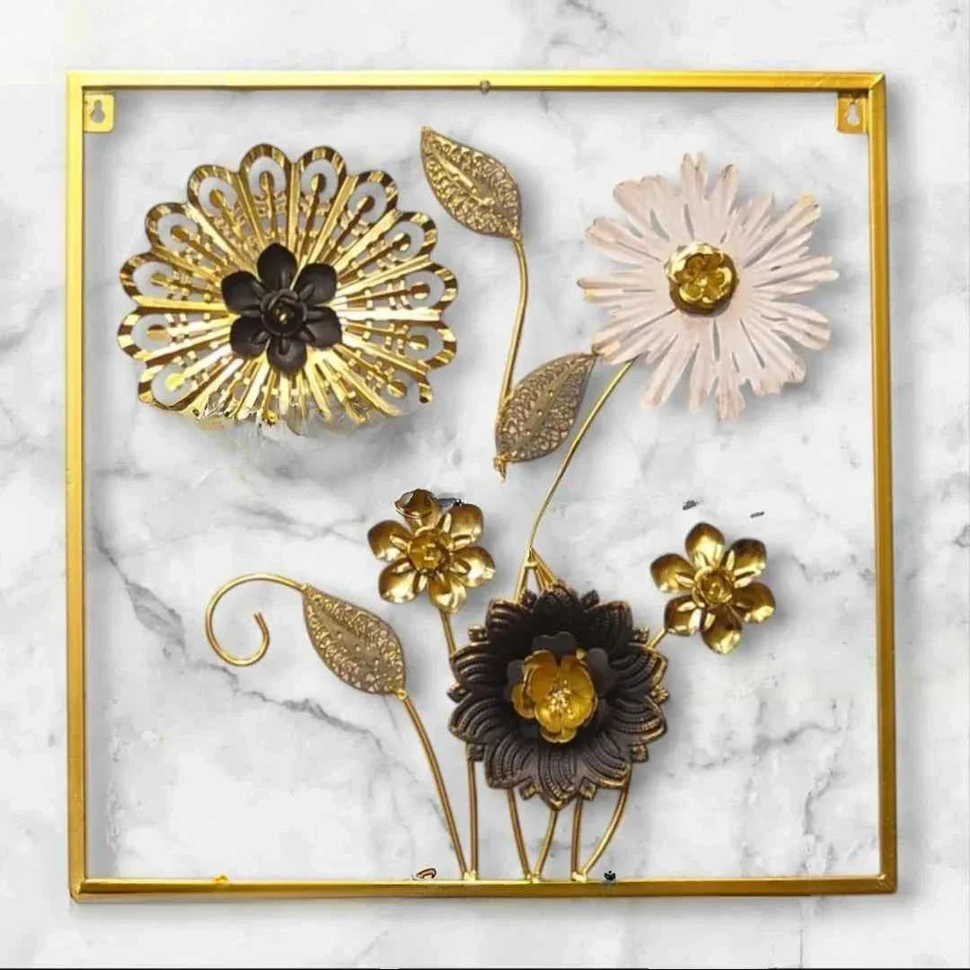 Luxurious Golden Metal Wall Art – Elegant Floral 3D Design