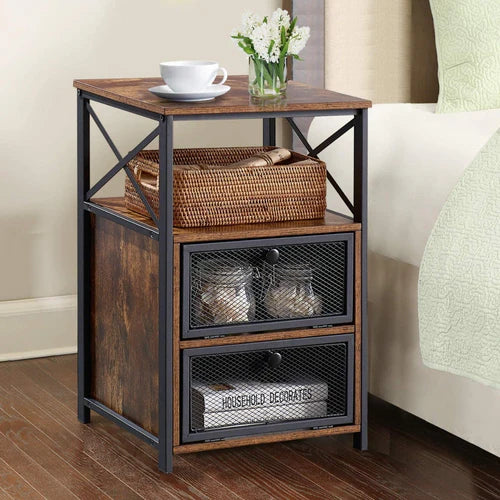 Rustic Side Table with Mesh Drawers.