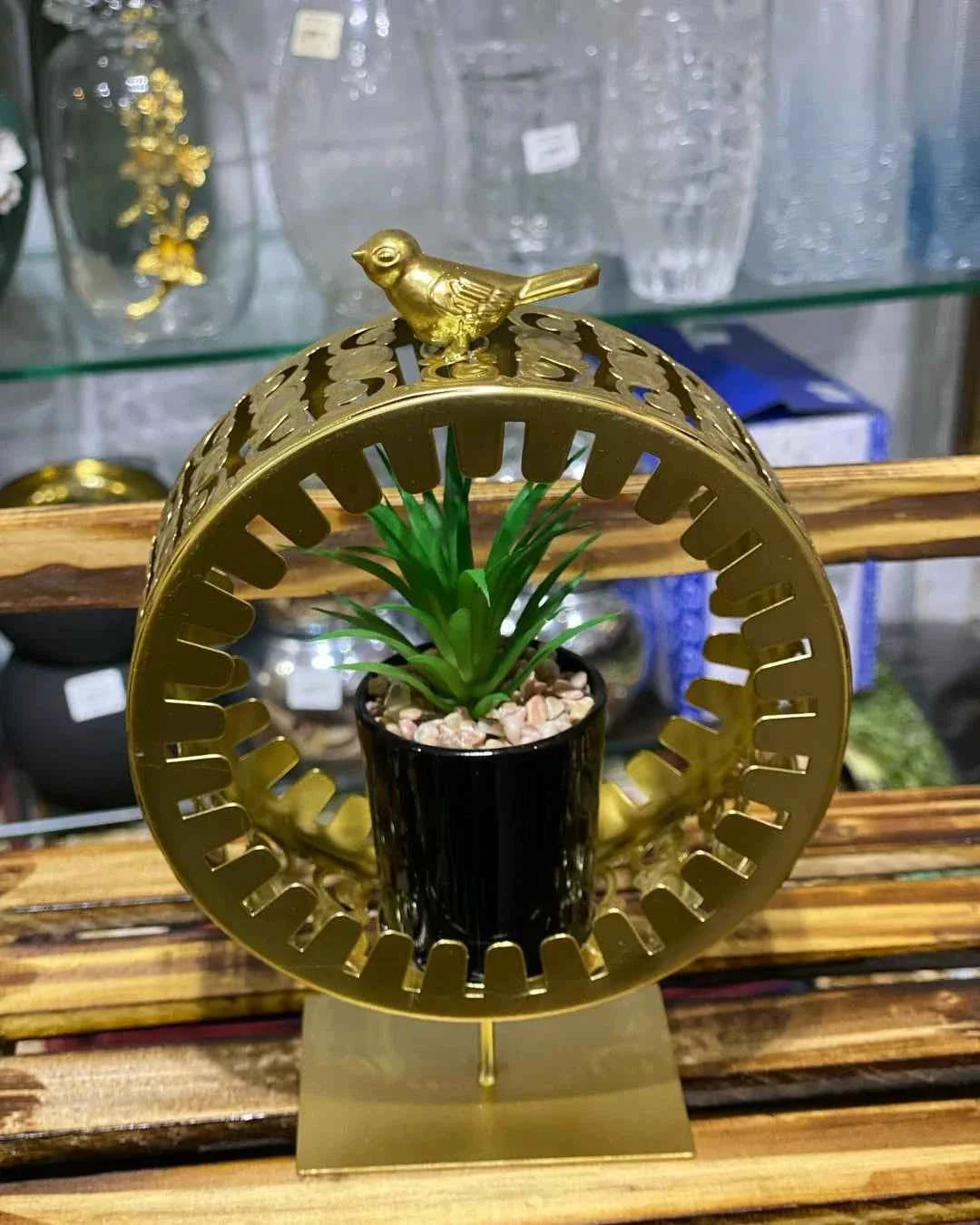 Luxury Golden Decorative Planter with Artificial Plant & Bird Accent